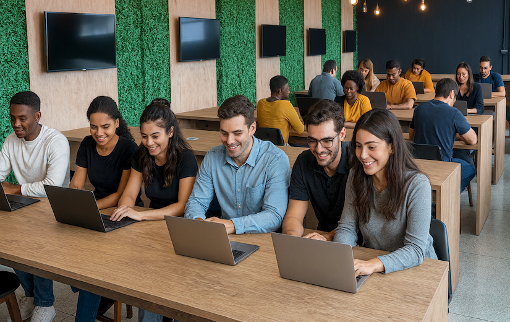 Sala de coworking e Hub de Inovação da Faculdade Campos Salles - ambiente moderno para projetos em equipe